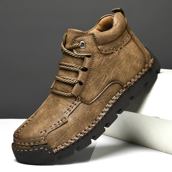 Мужская повседневная обувь из натуральной кожи, зимние зимние ботинки, теплые походные мужские ботильоны с высоким берцем, уличная обувь для горных походов, мужские