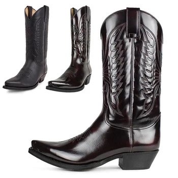 Мужские ковбойские сапоги в западном стиле, зимняя кожаная обувь, высокие сапоги с вышивкой, Пара обуви, Легкие Удобные, большие размеры 35-48
