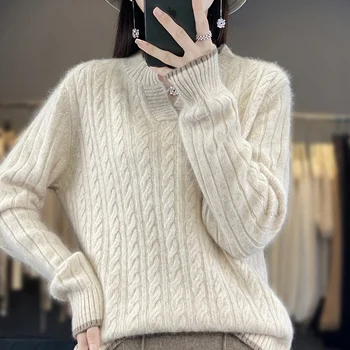 Свитер из 100% чистой норковой шерсти бренда RONGNI, модный и минималистичный, компьютерной вязки С круглым вырезом, новый женский пуловер с длинными рукавами