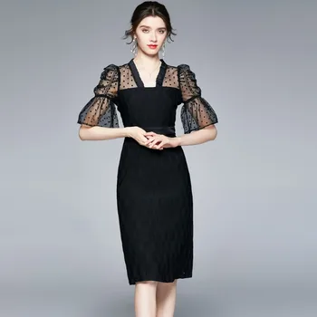 Летняя новая женская одежда, черное элегантное винтажное платье OL в горошек, длинное платье