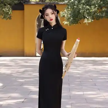 Китайское Платье Qipao Modern Women Black Slim Long Cheongsam Traditional Hanfu Vintage Vestido Lady Elwgant Cheongsam Dress