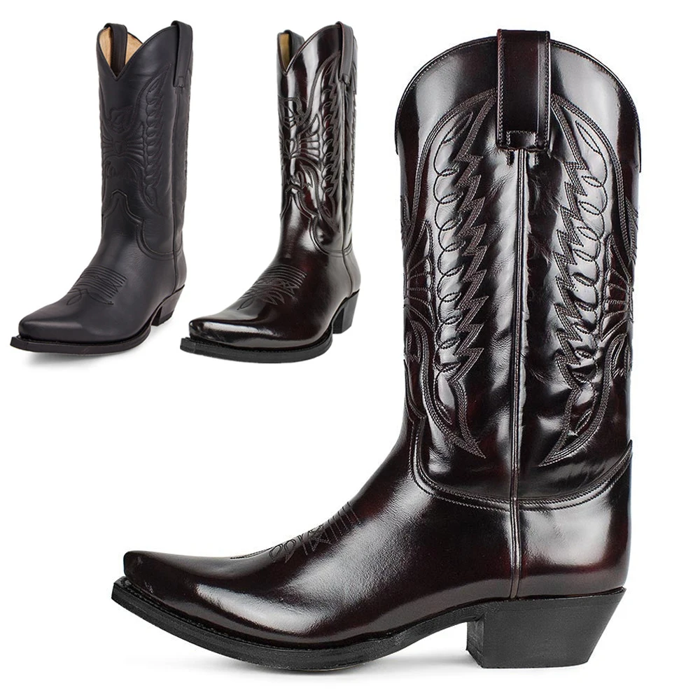 Мужские ковбойские сапоги в западном стиле, зимняя кожаная обувь, высокие сапоги с вышивкой, Пара обуви, Легкие Удобные, большие размеры 35-48