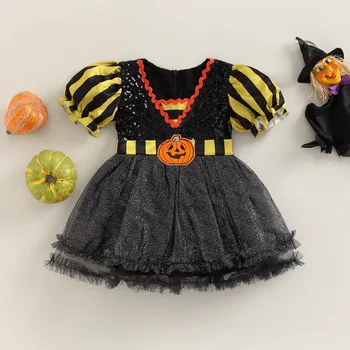 Сетчатое платье в виде тыквы для девочек, вечерние платья с принтом мультяшного черного кота для дошкольников, костюм на Хэллоуин с пузырчатым рукавом для детей