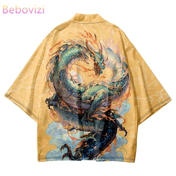 Модное Желтое Улучшенное Кимоно с принтом дракона из аниме 2023, японский стиль, Женская и мужская уличная одежда, Пляжный кардиган, рубашки Хаори для косплея
