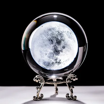60 мм Лунный Глобус Сфера с подставкой, Хрустальный шар, Кварцевое стекло с 3D лазерной гравировкой, Украшения для домашнего офиса, Фигурки, Украшения, Подарки