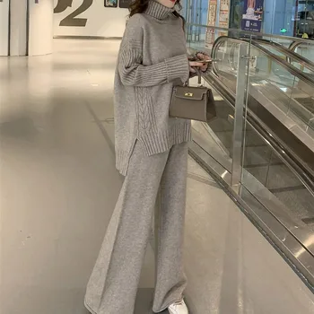 Женский комплект из двух предметов с высоким воротом, свитер + широкие брюки, Корейский костюм с длинным рукавом, спортивный костюм 2023, однотонный теплый осенний костюм