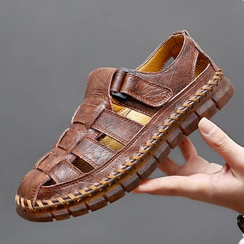 летние мужские сандалии из натуральной кожи, мужские гладиаторские римские сандалии-гладиаторы, уличная мягкая обувь для болот, мужские сандалии