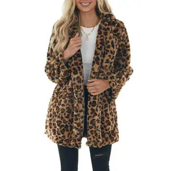 Осенне-зимнее пальто, женское плюшевое пальто с леопардовым принтом, стильное ветрозащитное пальто средней длины с карманами, искусственный мех с лацканами