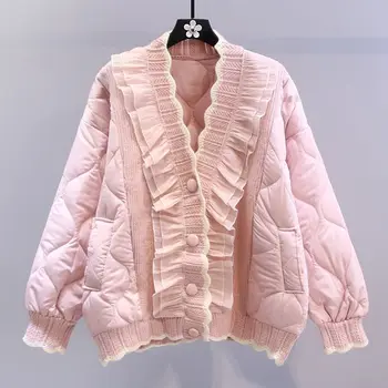 Женская куртка Осень-зима 2023, новый элегантный свободный кардиган высокого качества в корейском стиле, хлопковое пальто, вязаный топ с ушками по краю