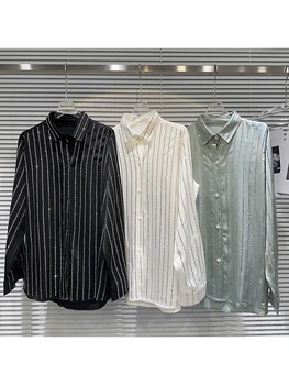 Дизайнерская блузка HIGH STREET, новейшая мода 2023 года, женская рубашка из ткани с вертикальной полосой, расшитая водой и бриллиантами, украшенная уксусной кислотой