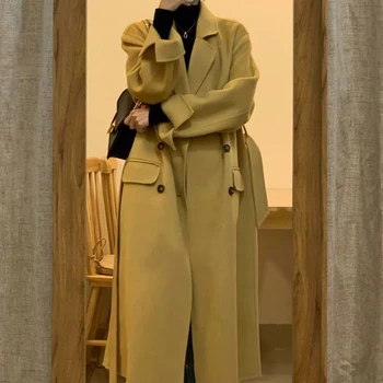 Осеннее женское двубортное шерстяное пальто с длинным рукавом, свободная длинная верхняя одежда 2023, зимнее однотонное повседневное элегантное шерстяное пальто, женское