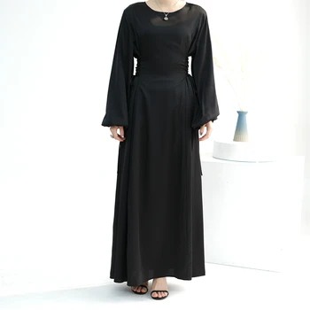 2024 Новое атласное платье для мусульманских женщин, однотонные элегантные женские платья на шнуровке с круглым вырезом, исламская арабская праздничная одежда Ид Рамадан