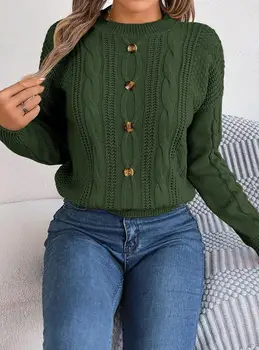 Зимний свитер, женский Новый осенний пуловер, повседневный плетеный женский свитер с имитацией горловины, длинным рукавом и пуговицами, Повседневный Небольшой стрейч