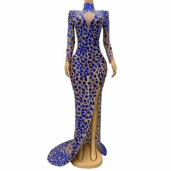 Вечернее Празднование роскошные Синие Зеркала Прозрачное платье с длинным шлейфом Модные Стразы Наряд Для выступления Костюм