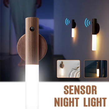 Светодиодный деревянный ночник с датчиком движения PIR, Магнитный настенный светильник, USB-аккумуляторные лампы, Домашняя лестница, лампа для спальни, прикроватное освещение.