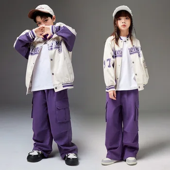 Детская одежда в стиле хип-хоп, бейсбольная куртка с буквенным принтом, фиолетовые повседневные уличные брюки-карго для девочек и мальчиков, одежда для джазовых танцев