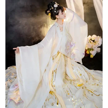 RuMengNiChang Hanfu для женщин китайской династии Тан Белый вокзала Надпечатывание больших рукава Фея Моды косплей платья набора
