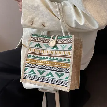 Холщовая сумочка из льняной ткани, простая многоразовая сумка для подмышек на кнопке, сумка для ланча большой емкости