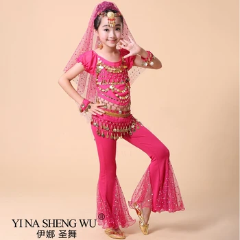 Детский костюм для танца живота, сценическое представление для девочек, индийская восточная одежда с блестками, детские танцы в Болливуде, короткий рукав + штаны