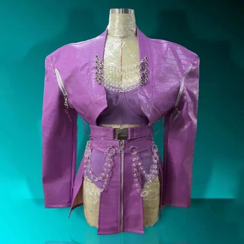 Фиолетовая Кожаная куртка, юбка, Женская Сексуальная одежда для танцев на шесте, костюмы ночного клуба Dj Ds Gogo, Сценический рейв-наряд
