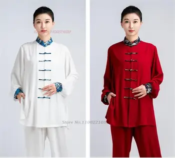 2024 китайская винтажная форма для боевых искусств, одежда для тайцзи, дышащая одежда для занятий ушу с цветочным принтом, топ для кунг-фу + комплект брюк