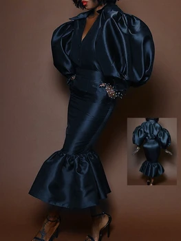 2023 Женские Черные вечерние комплекты из двух предметов, топы с V-образным вырезом и рукавом-фонариком, модная юбка, комплект из 2 предметов, наряды для рождественского вечера