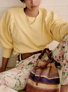 Женская толстовка с длинным рукавом, однотонный свободный пуловер с круглым вырезом, повседневный топ