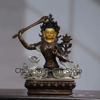 22 см Тибетская латунь с позолотой, окрашенная золотом и серебром, чистая медь, киноварь, меч, статуя Манджушри Бодхисаттвы, орнамент