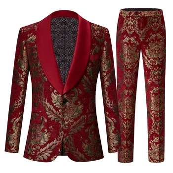 Осенне-зимний новый мужской красный свадебный костюм из 2 предметов, высококачественные мужские жаккардовые блейзеры, куртка и брюки