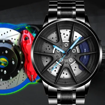 Роскошные мужские спортивные гоночные часы с контуром колеса Модные немеханические часы из нержавеющей стали Для студенческого досуга Кварцевые наручные часы