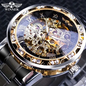 Мужские механические часы Winner с полой высокого класса, повседневные модные часы с бриллиантами, популярные