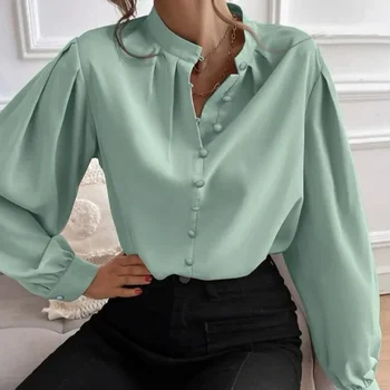 2023 Новая Осенняя рубашка, Женская блузка с полуоткрытым воротом, Однотонные Свободные топы с длинными рукавами-фонариками, Элегантная одежда, Блузы 29732