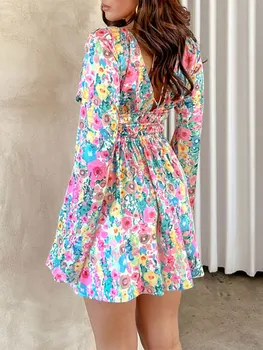 Женское мини-платье трапециевидной формы с цветочным принтом, туника с длинным рукавом и V-образным вырезом, платье на завязках с открытой спиной, пляжная одежда для вечеринок
