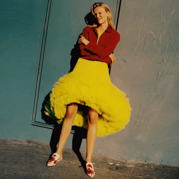 Милая желтая короткая расклешенная юбка, сшитая на заказ с высоким низким пушистым тюлем, юбка-русалка на день рождения для женщин, коктейльная одежда, юбка для вечеринки