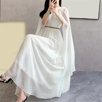 Женское платье 2024 Весна, сексуальное Элегантное длинное платье с V-образным вырезом, осеннее платье с рукавами-накидками, вечернее платье, белое платье богини святого ангела