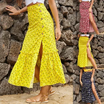 Летняя юбка Миди с цветочным рисунком, Женская Повседневная пляжная юбка с разрезом на пуговицах, женская тонкая Сексуальная Длинная юбка с принтом