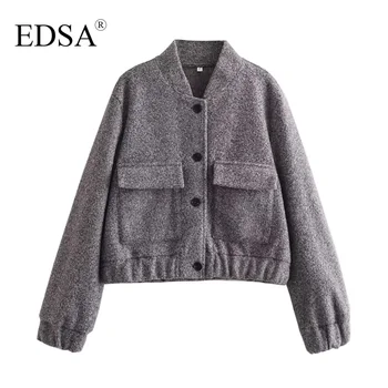 Женская винтажная шерстяная куртка-бомбер EDSA с двойными карманами, однобортная Верхняя одежда с длинными рукавами, плотное пальто