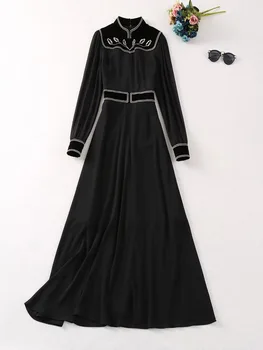 Модное Женское Подиумное платье со стоячим воротником и длинным рукавом из полиэстерового бархата с лоскутной вышивкой Vestidos, закрывающееся на талию