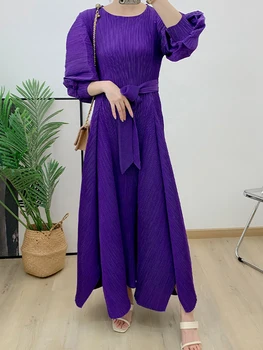 Элегантное плиссированное платье Miyake нерегулярной формы, женское платье с круглым вырезом и рукавами-фонариками, однотонное платье с длинными бретельками, мода 2023, осень