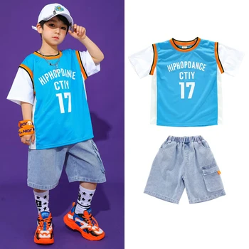 Синие джазовые танцевальные костюмы, одежда для занятий уличными танцами для мальчиков, одежда для хип-хопа, одежда для баскетбольных выступлений в стиле хип-хоп DC4873