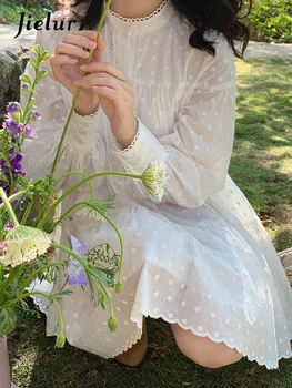 Jielur, Французские повседневные Белые платья Kawaii, Женское весеннее элегантное цельнокроеное платье, Корейское модное милое Мини-платье с длинным рукавом, Шикарное