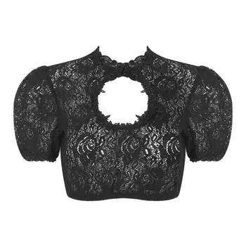 Женская элегантная прозрачная кружевная блузка с цветочным рисунком, V-образный вырез /замочная скважина спереди, укороченный топ, рубашка в стиле ретро, костюм для Октоберфеста