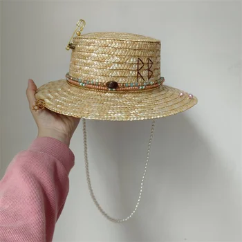 Новая соломенная шляпа в стиле панк с жемчужной цепочкой, сделанная своими руками, джазовая шляпа, солнцезащитная шляпа, новая корейская шляпа с буквами, пляжная шляпа, мужская и женская панк-шляпа