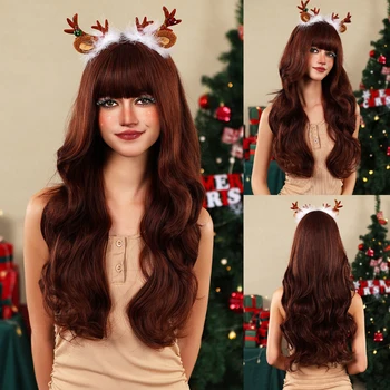 Красно-коричневые разноцветные парики для женщин с объемной волной, длинные синтетические волосы с челкой, натуральные парики высокой плотности для ежедневных вечеринок, термостойкие