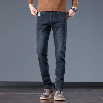2024 Повседневные мужские джинсы-стрейч из высококачественного хлопка, модные темно-синие, Серые, черные джинсовые брюки, Брендовые Деловые Мужские прямые брюки