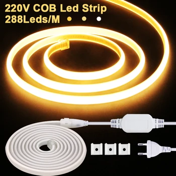 Светодиодная лента AC 220V COB 288 светодиодов / М Супер Яркая гибкая лента EU Power Plug IP65 Водонепроницаемая 0,5-50 м для домашнего освещения