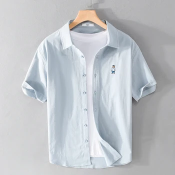 Новая повседневная хлопчатобумажная рубашка с вышивкой и коротким рукавом, трендовый мужской бренд, удобная верхняя одежда, сорочка Homme, быстрая доставка