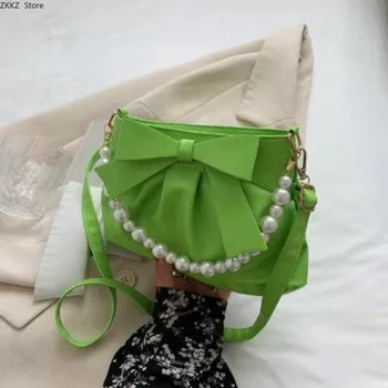 Жемчужная плиссированная сумка подмышками Модная женская сумка через плечо из искусственной кожи Портативная сумка-мешок Новая сумка-лук для пригородных поездок