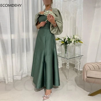 Новое поступление, Зеленые платья для выпускного вечера из атласа трапециевидной формы, пышные платья с длинными рукавами 3/4, длина по щиколотку, вечернее платье для женщин из Саудовской Аравии