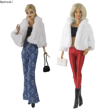 Белая куртка из искусственного меха, пальто, комплект одежды для куклы Барби, модные наряды, топ, брюки, Сапоги, сумка для обуви, аксессуары для Barbie 1/6